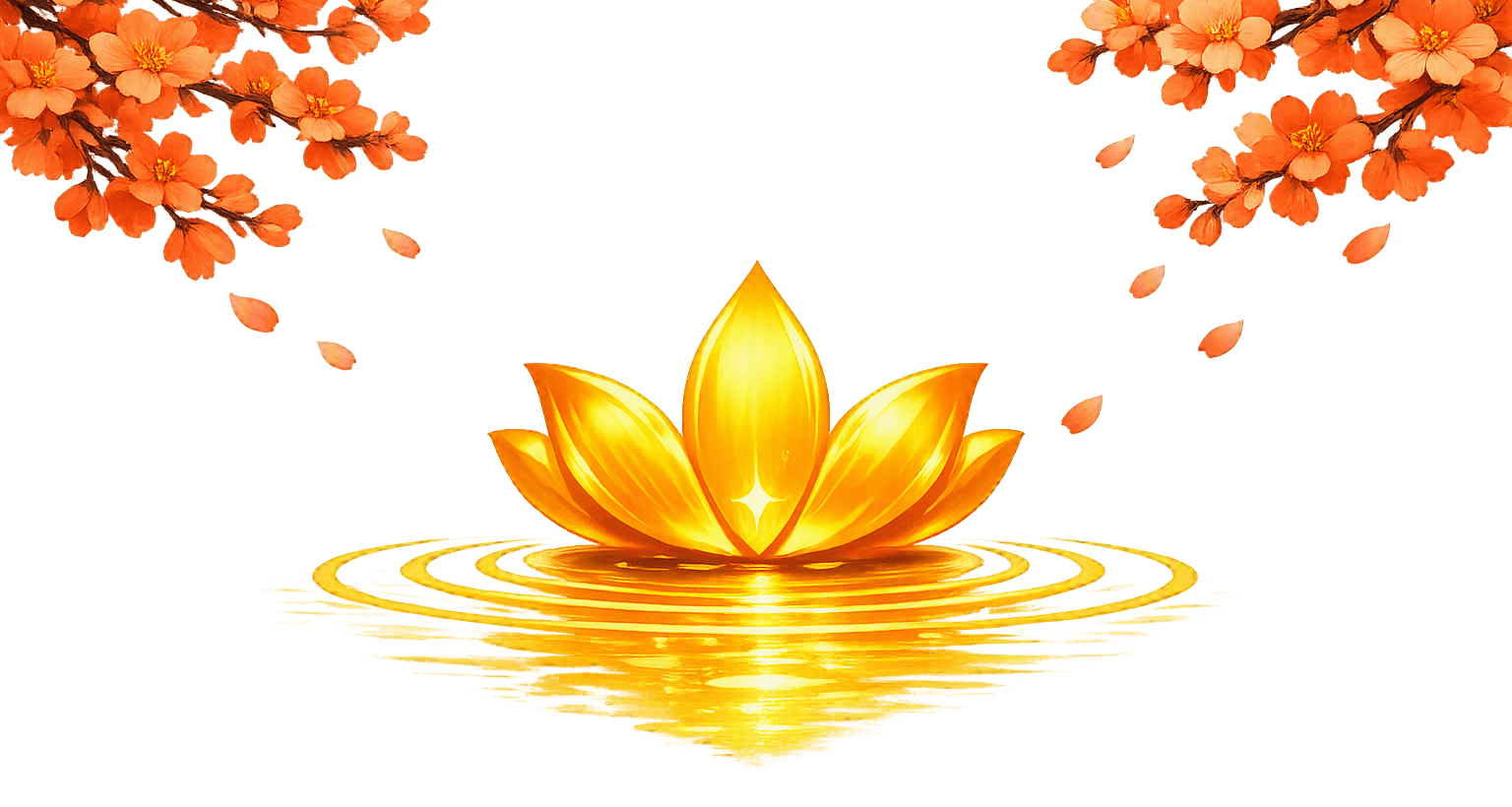 Golden lotus blooming with cherry blossoms, symbolizing the Asian Vibe community